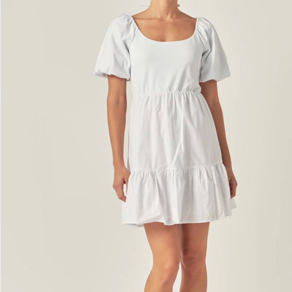 English Factory Elegant White Puff Sleeve Dress with open back